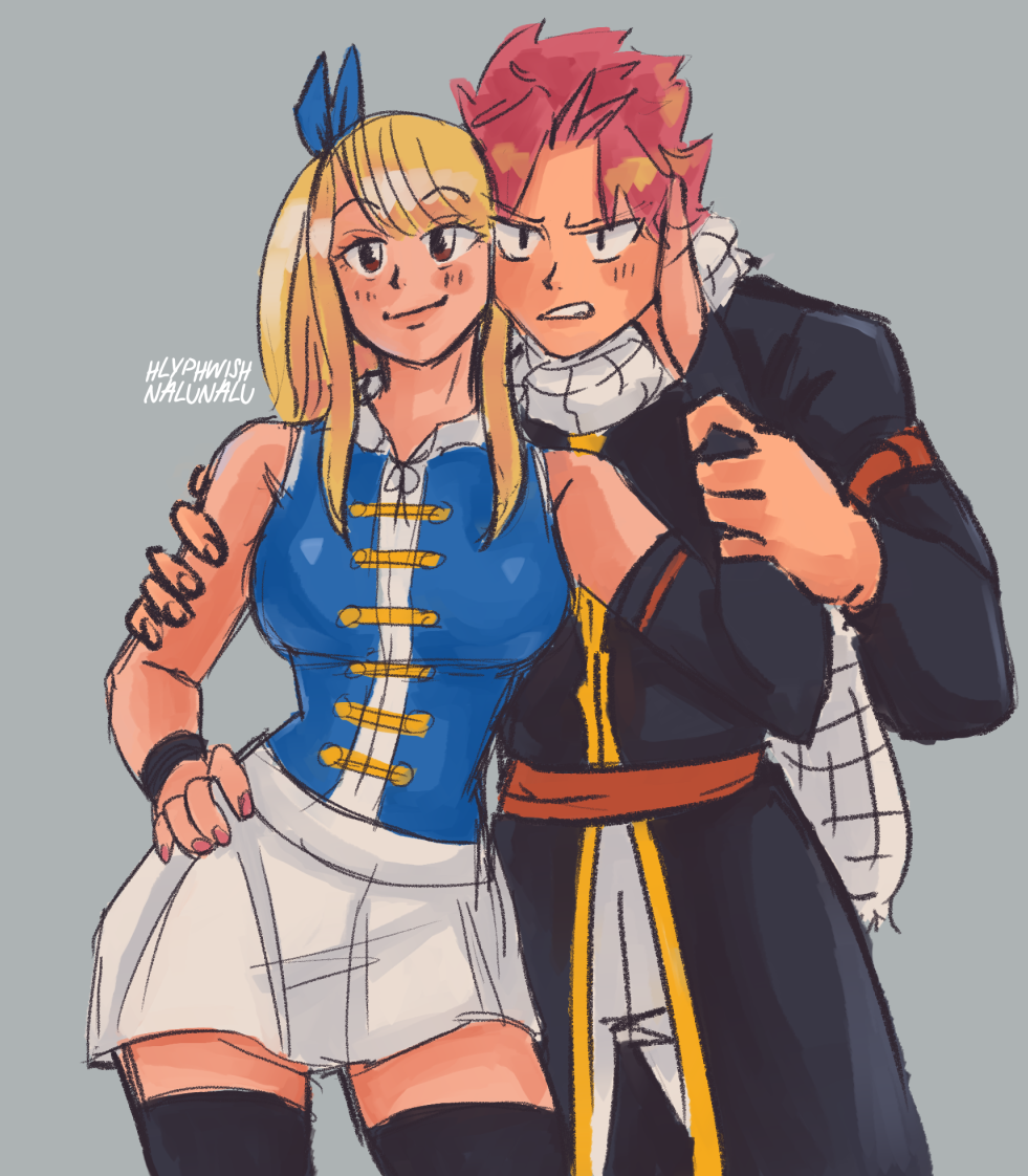 Fanart of Natsu and Lucy from Fairy Tail striking fun poses together.