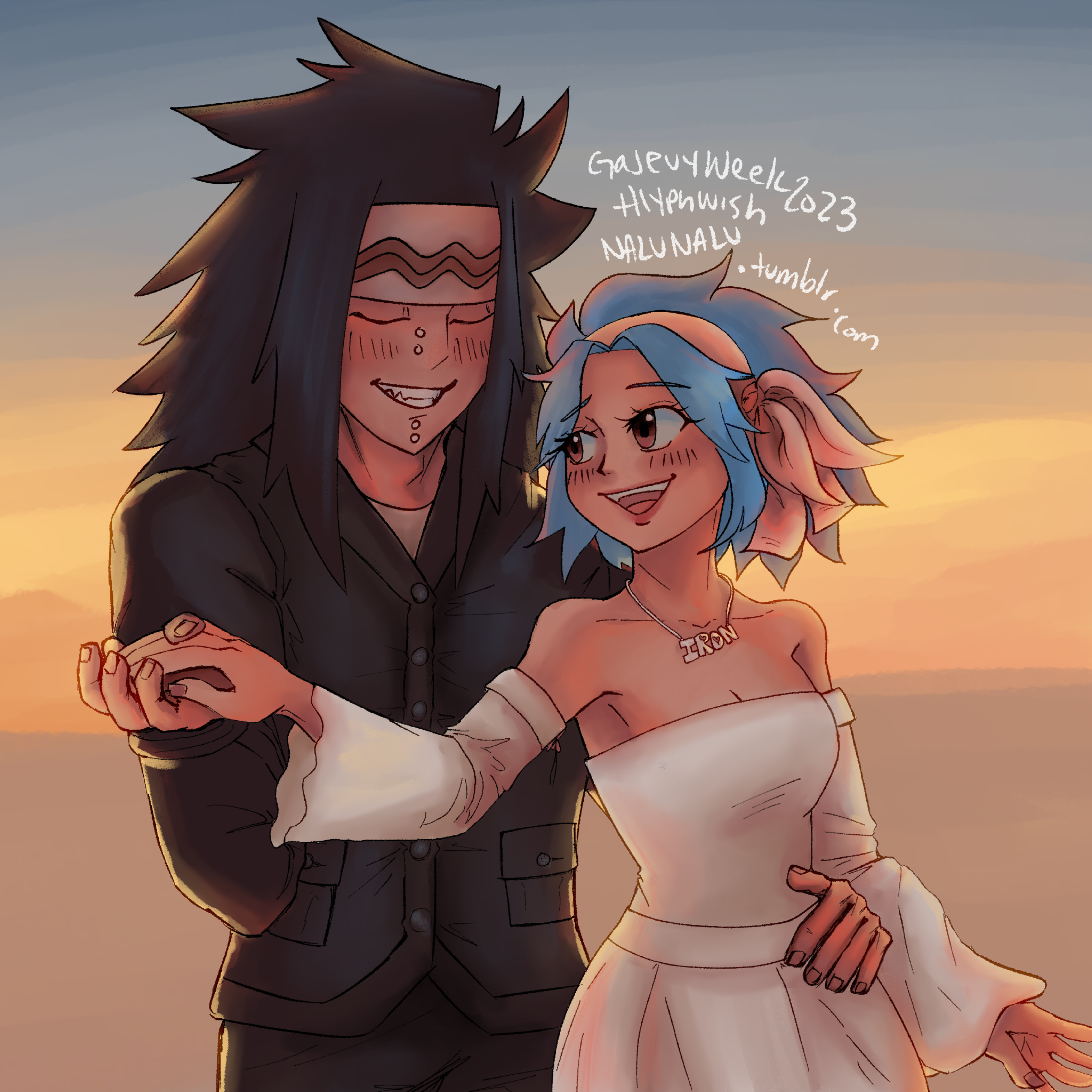 Fanart of Gajeel and Levy from Fairy Tail dancing at sunset in fancy outfits.