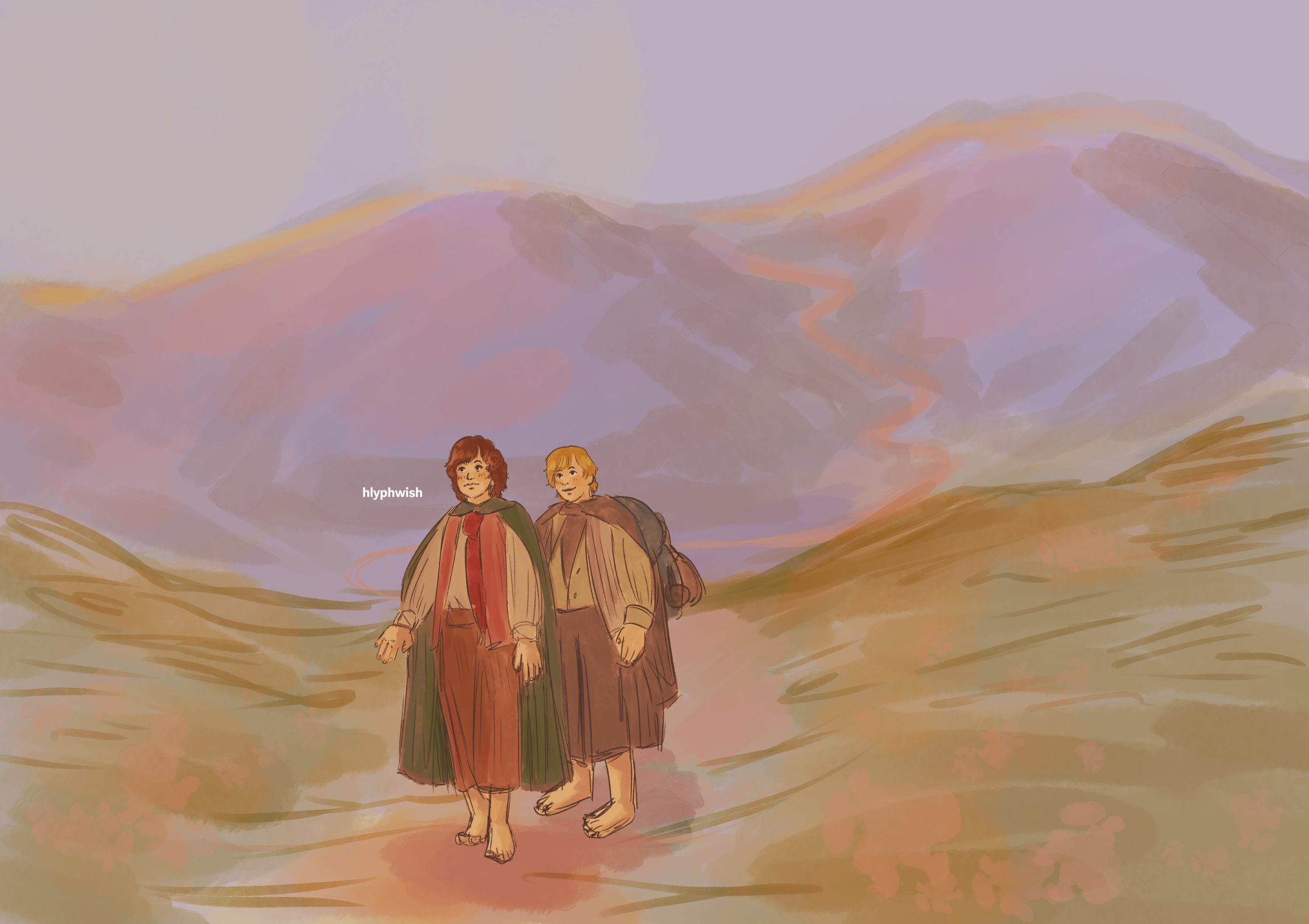 Fanart of Frodo and Sam walking in a warm-toned landscape.