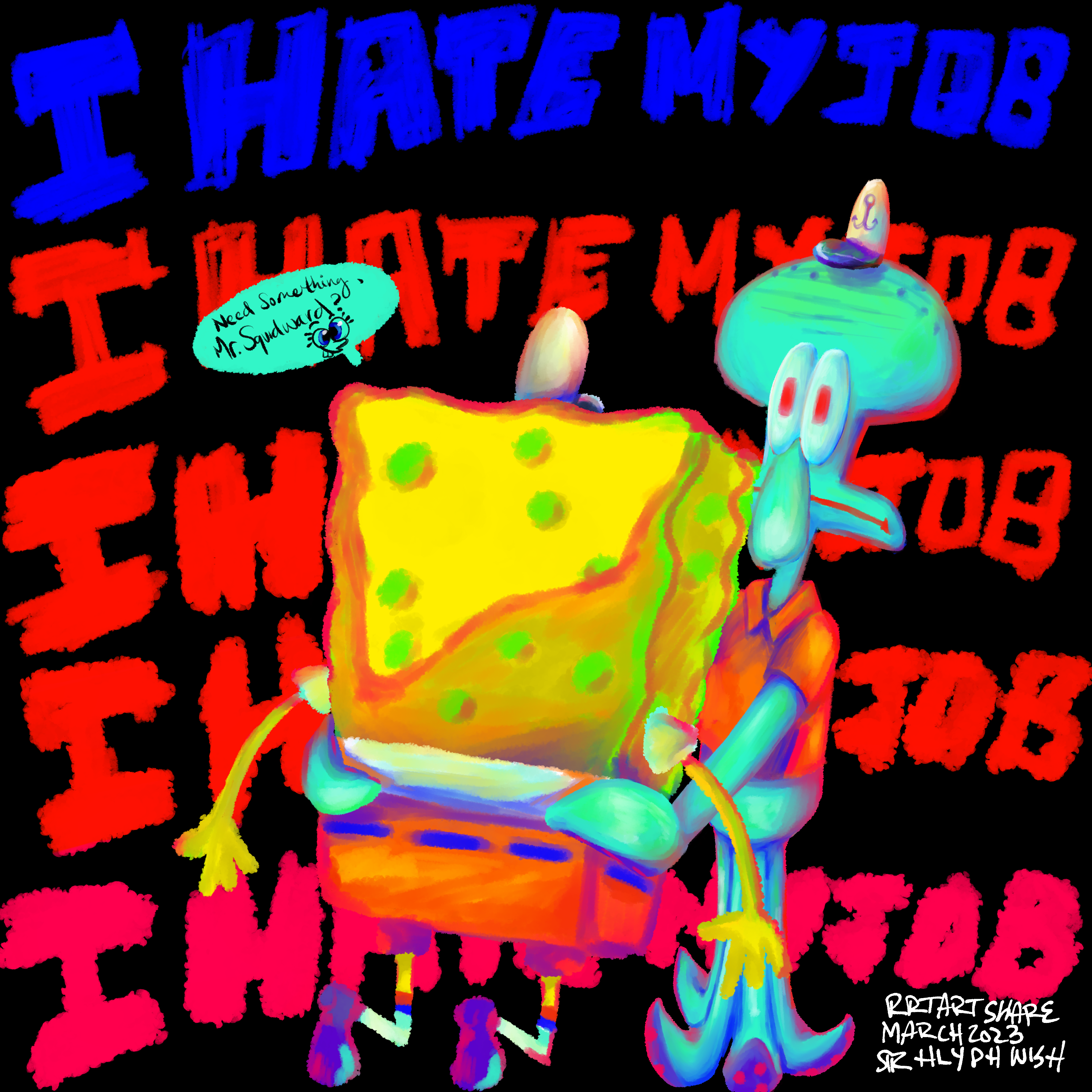 Eye-strain art style featuring SpongeBob and Squidward with vibrant neon colors and text.