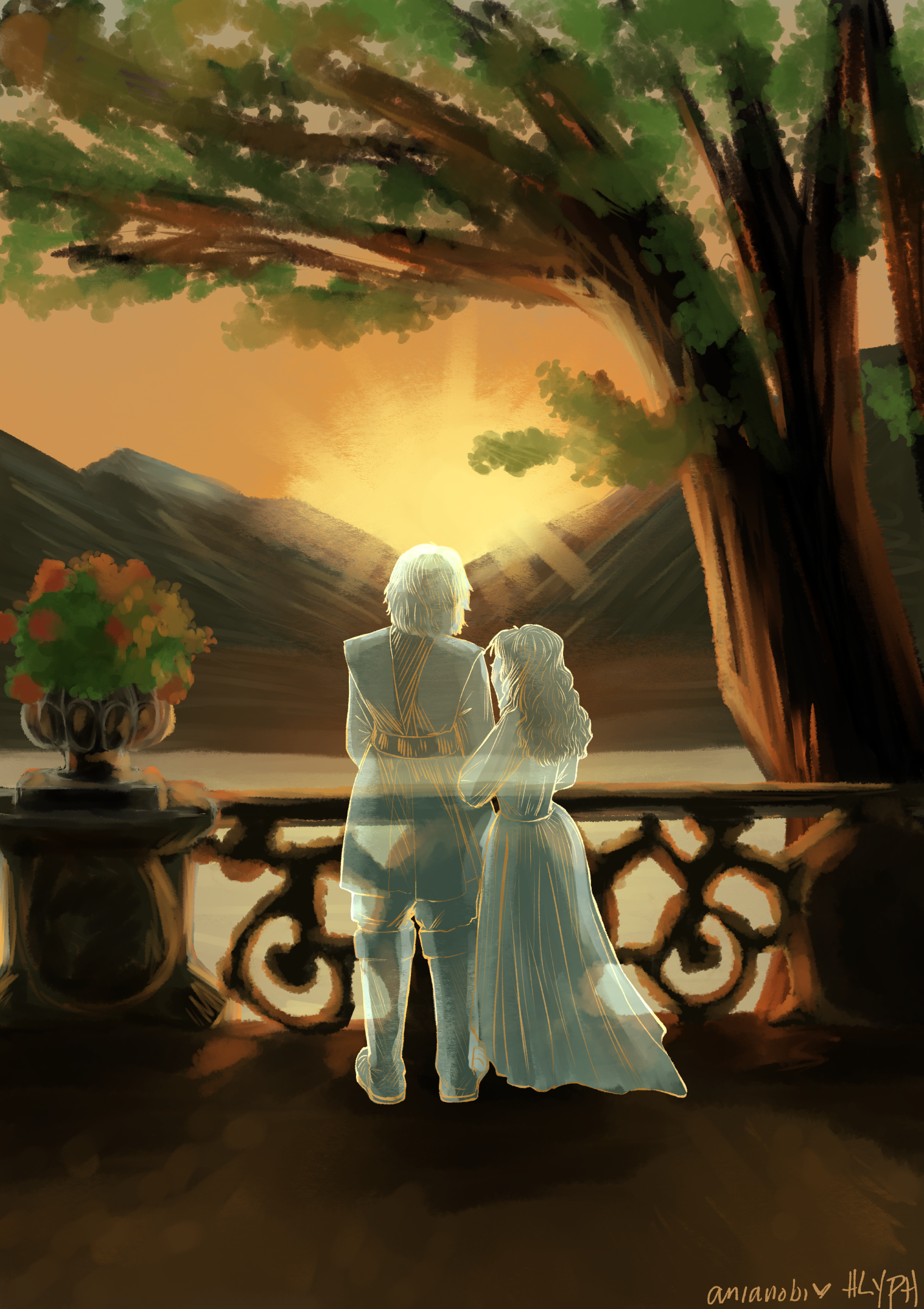 Fanart of Anakin and Padmé as Force ghosts on a balcony at sunset, inspired by their wedding scene in Naboo.