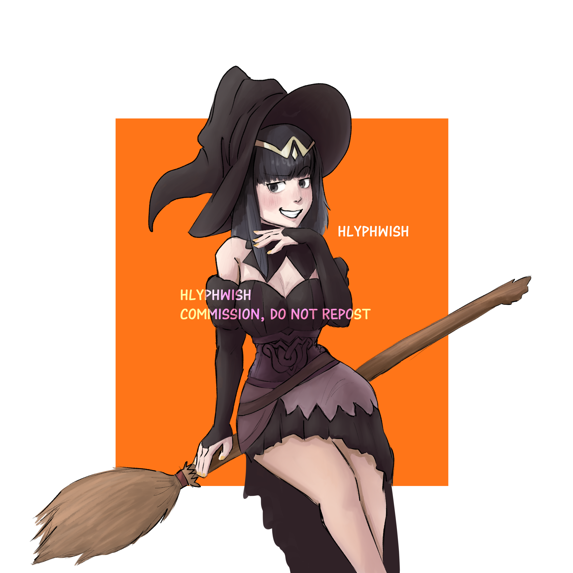 Commission of Tharja from Fire Emblem dressed as a witch, sitting on a broom.